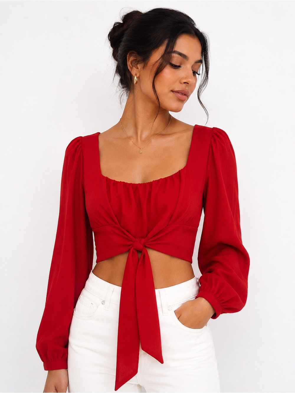 Forever 21 Red Tie Front Crop Top Long Sleeve Size S